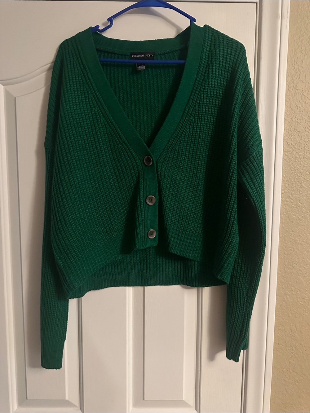 Green Button-Front Cropped Rib Knit Cardigan Sweater